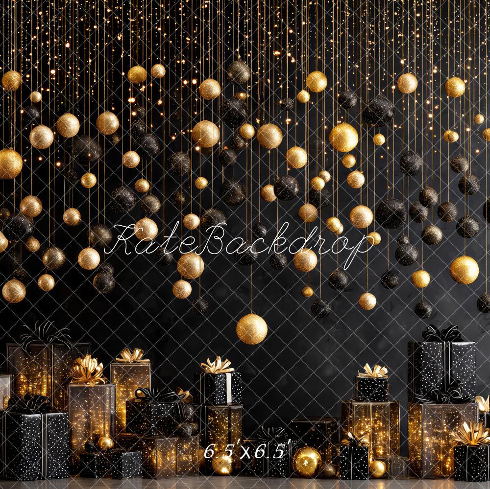 Kate Christmas Gold Black Baubles Presents Backdrop Designed by Patty Robert
