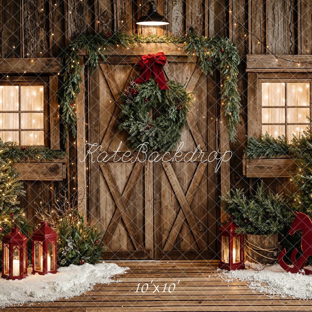 Kate Christmas Wooden Door Garland Lanterns Backdrop Designed by Emetselch