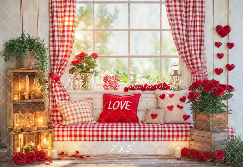 Kate Valentine Window Red Gingham Roses Backdrop Designed by Emetselch