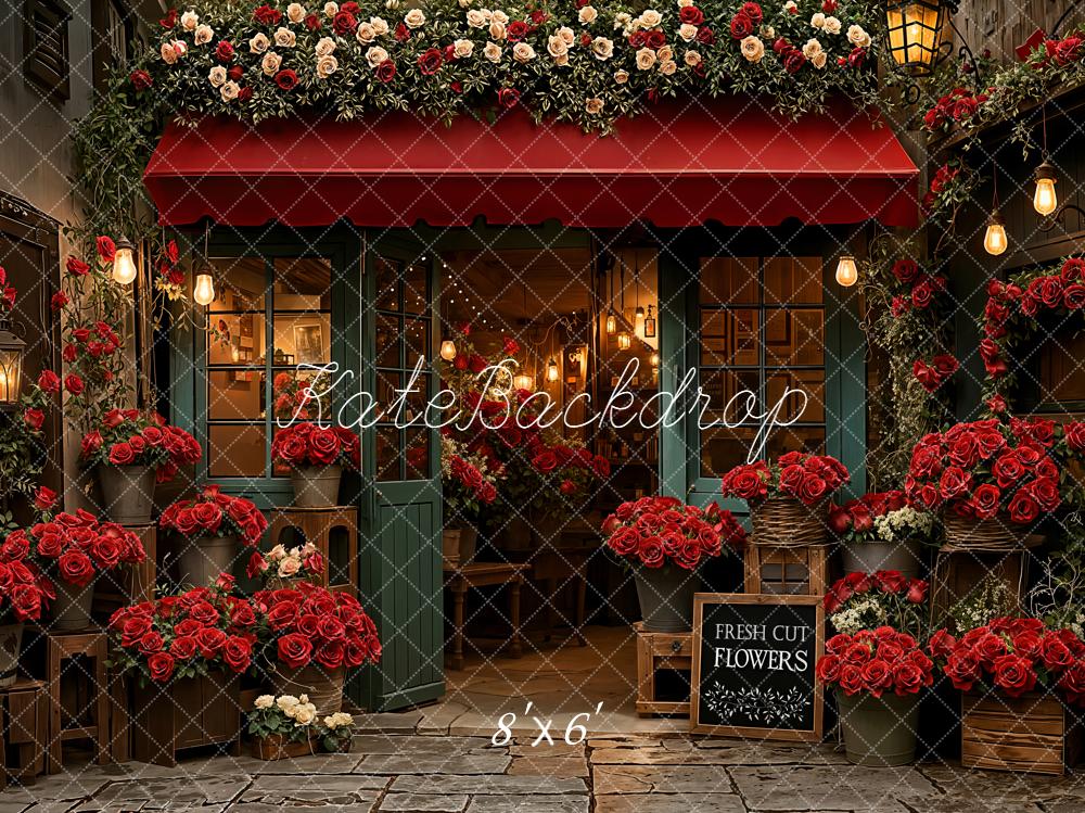 Kate Flower Shop Red Roses Awning Fleece Backdrop Designed by Emetselch -UK