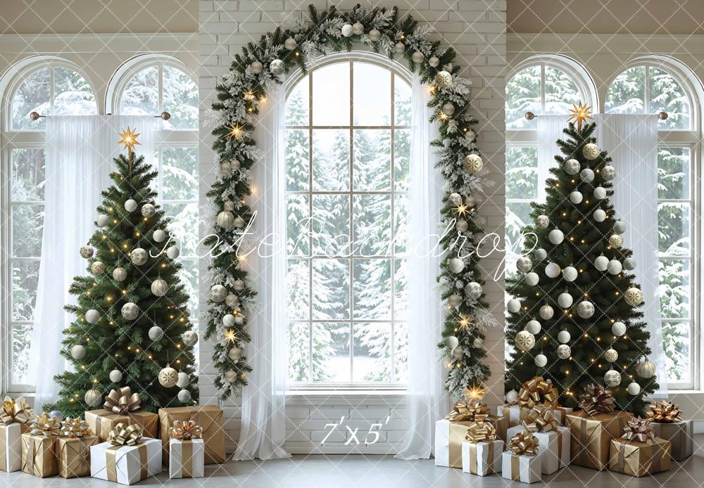 Kate Christmas Trees Arched Window Presents Backdrop Designed by Mini MakeBelieve -UK