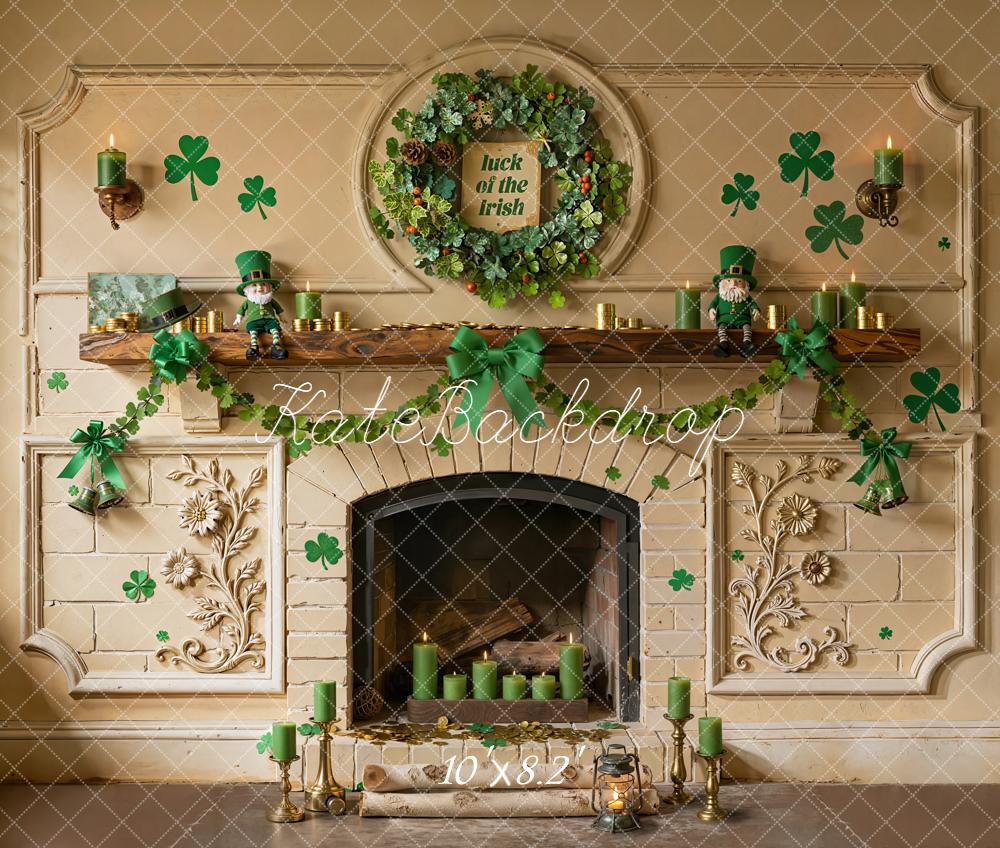 Kate Shamrock Fireplace Green Candles Garland Fleece Backdrop Designed by Emetselch