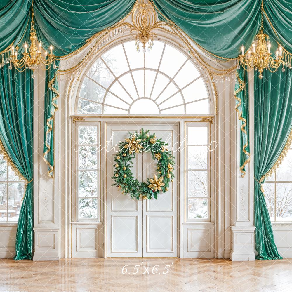 Kate Christmas Wreath Grand Windows Green Curtains Backdrop Designed by Emetselch -UK
