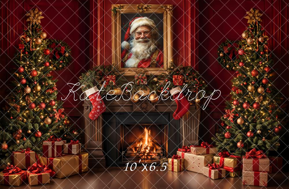 Kate Christmas Retro Fireplace Red Wall Backdrop Designed by Emetselch -UK