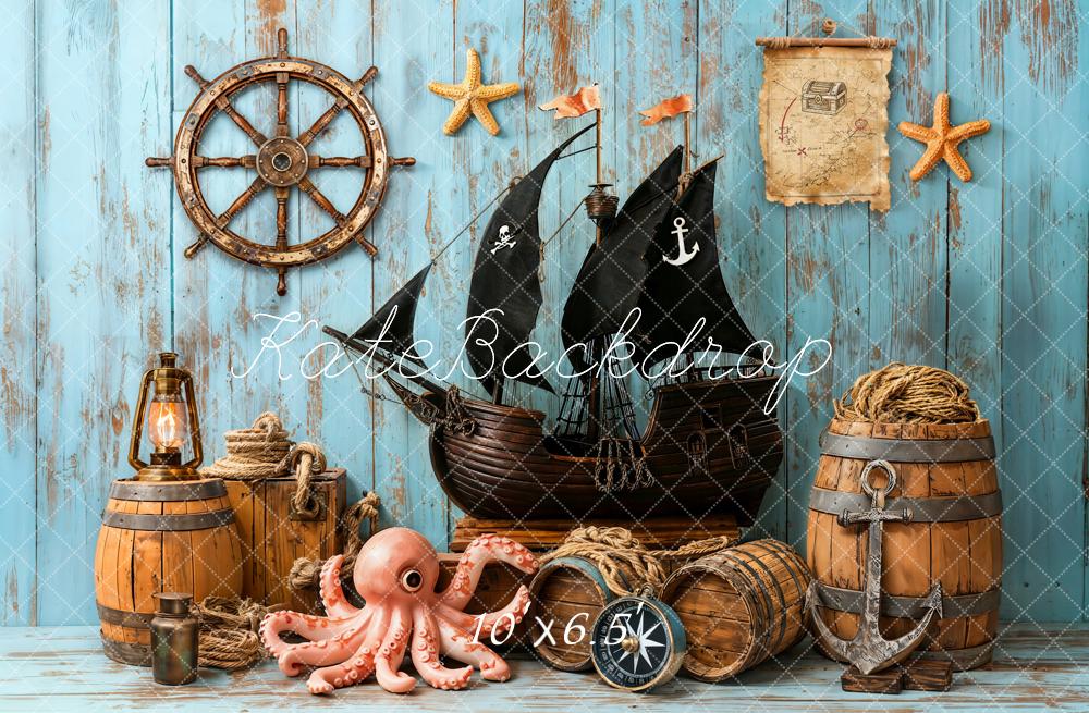 Kate Pirate Ship Helm Treasure Map Nautical Blue Backdrop Designed by Emetselch