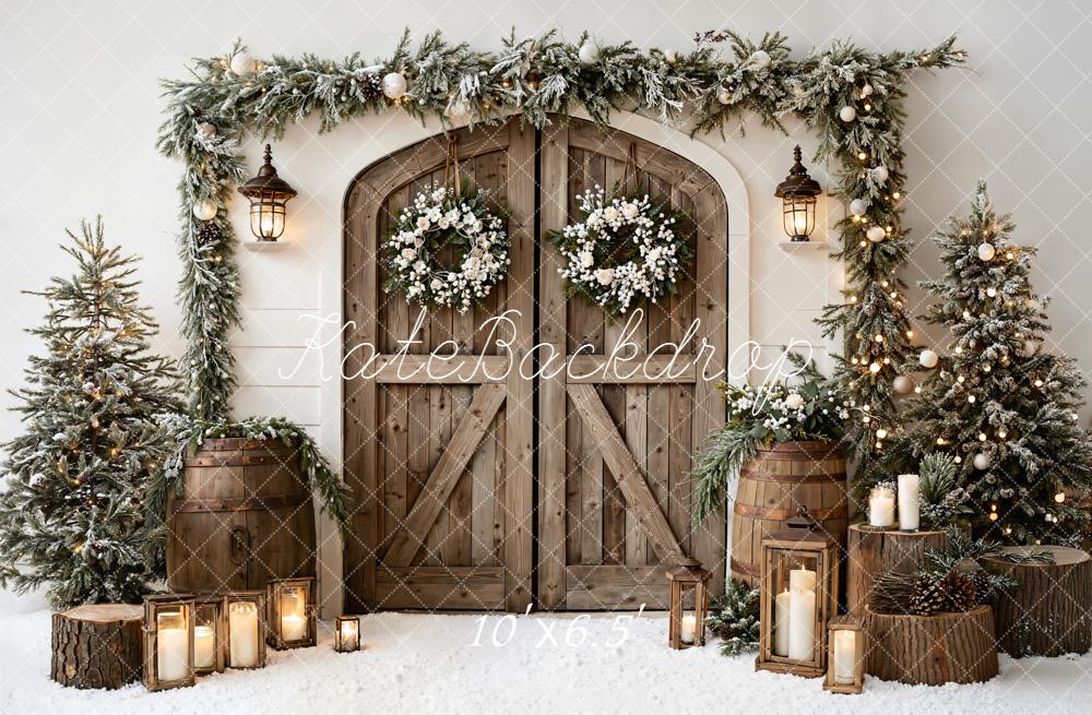 Kate Christmas Wooden Door Garland Trees Fleece Backdrop Designed by Emetselch