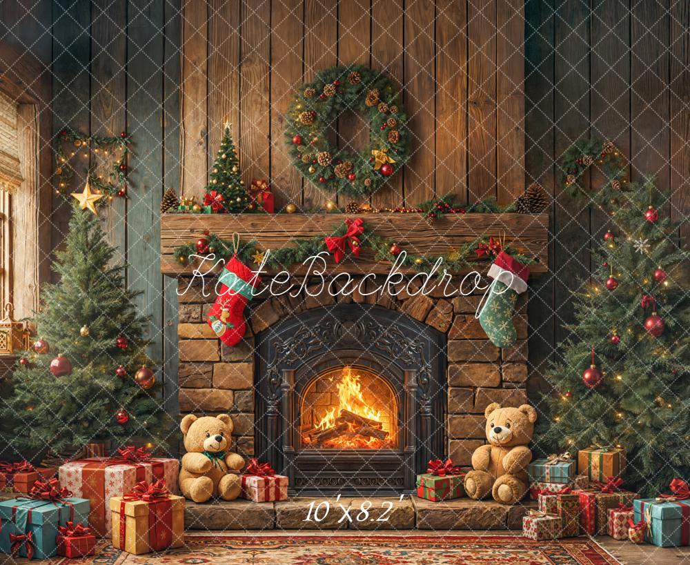Kate Christmas Fireplace Trees Gifts Fleece Backdrop Designed by Emetselch -UK
