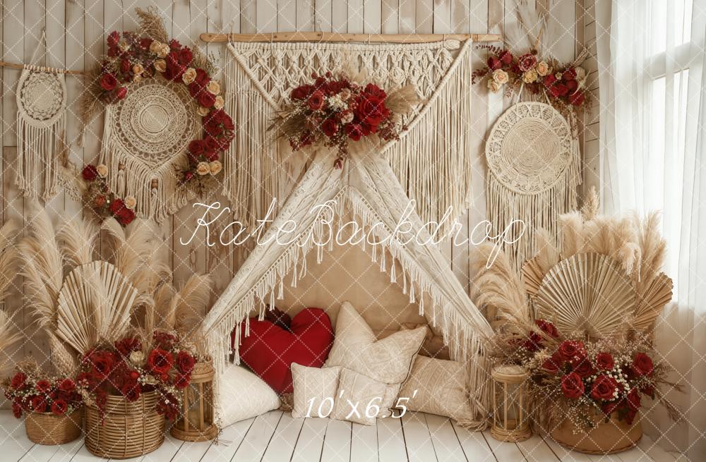 Kate Boho Macrame Pampas Grass Red Floral Backdrop Designed by Emetselch -UK