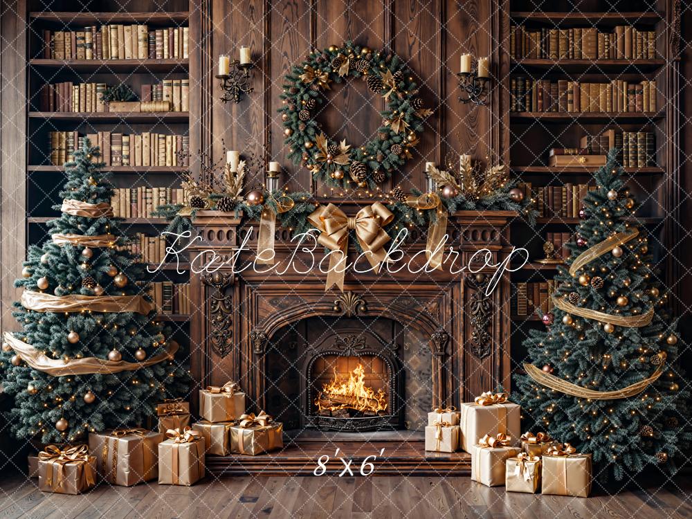 Kate Christmas Fireplace Bookshelves Trees Fleece Backdrop Designed by Emetselch