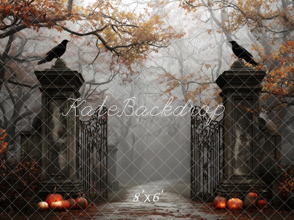 Kate Halloween Gate Ravens Pumpkins Autumn Backdrop Designed by Patty Robert