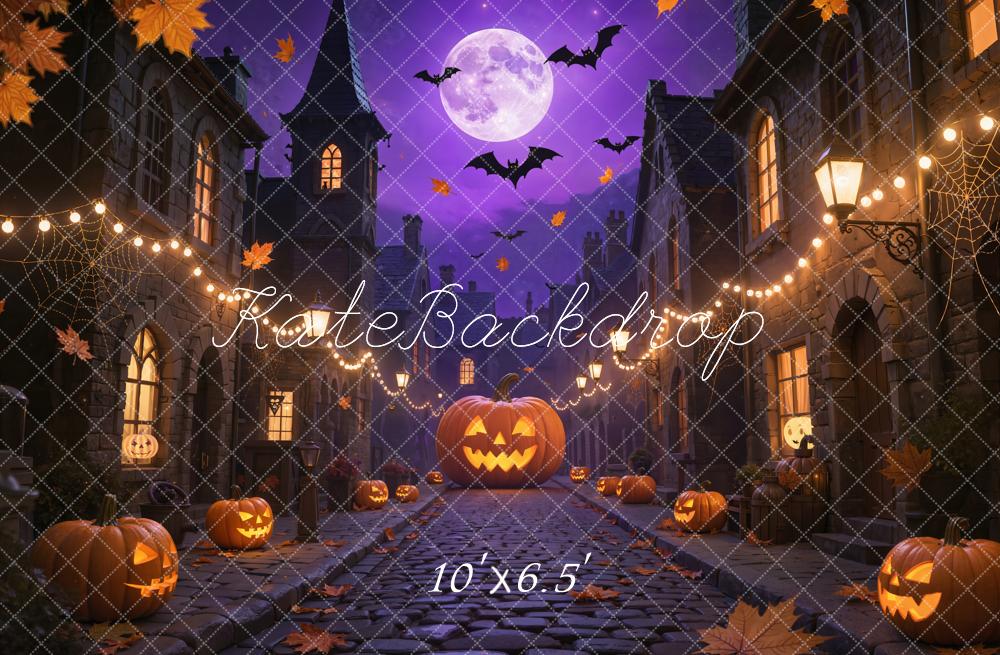 Kate Halloween Pumpkins Bats Purple Night Fleece Backdrop Designed by Emetselch -UK