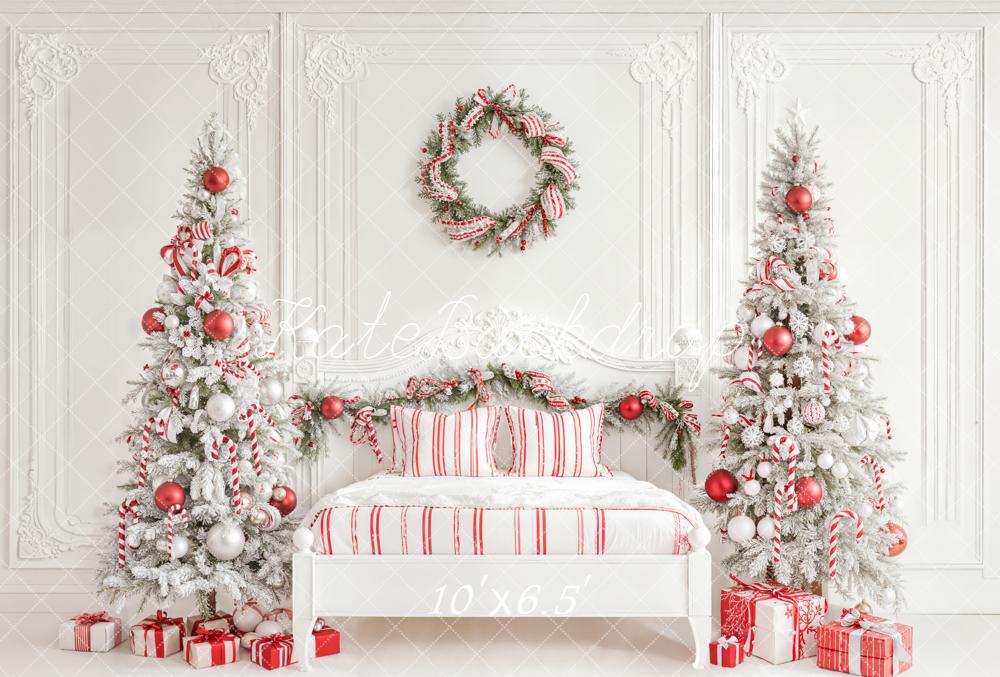 Kate Christmas White Trees Candy Cane Fleece Backdrop Designed by Emetselch -UK