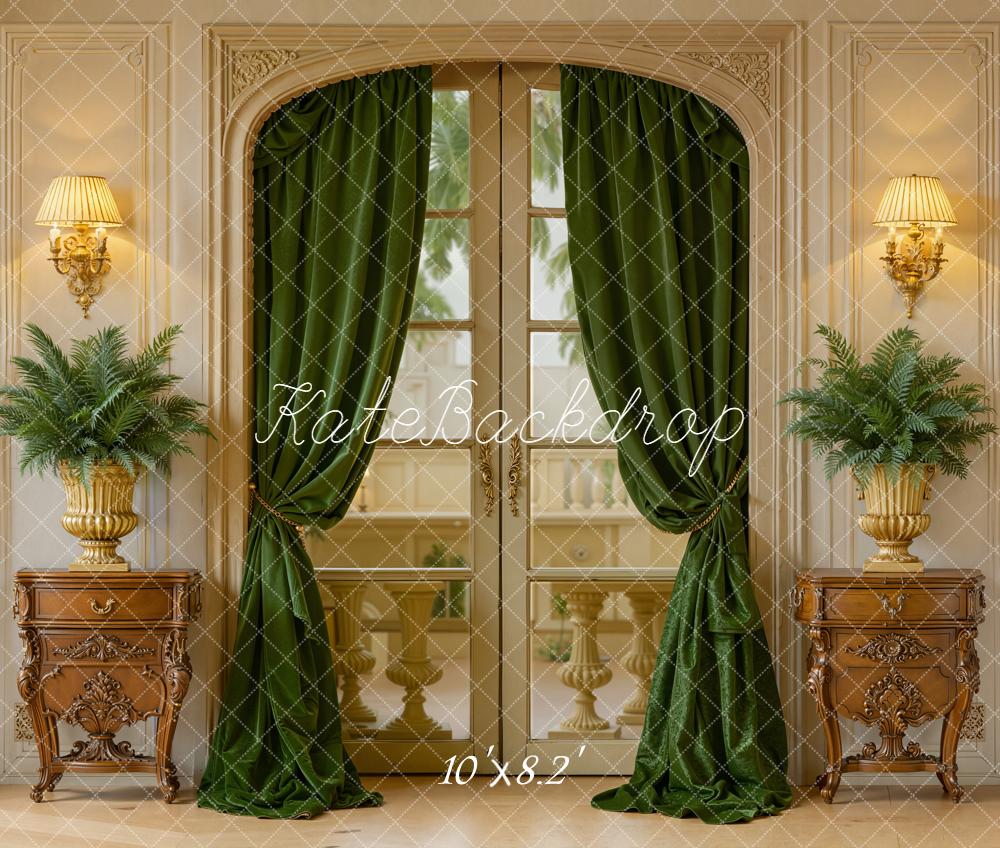 Kate Vintage French Doors Green Curtains Ferns Fleece Backdrop Designed by Emetselch -UK