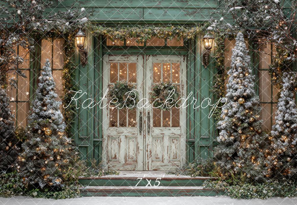 Kate Christmas Snow Frosted Trees Door Green Backdrop Designed by Ashley Paul