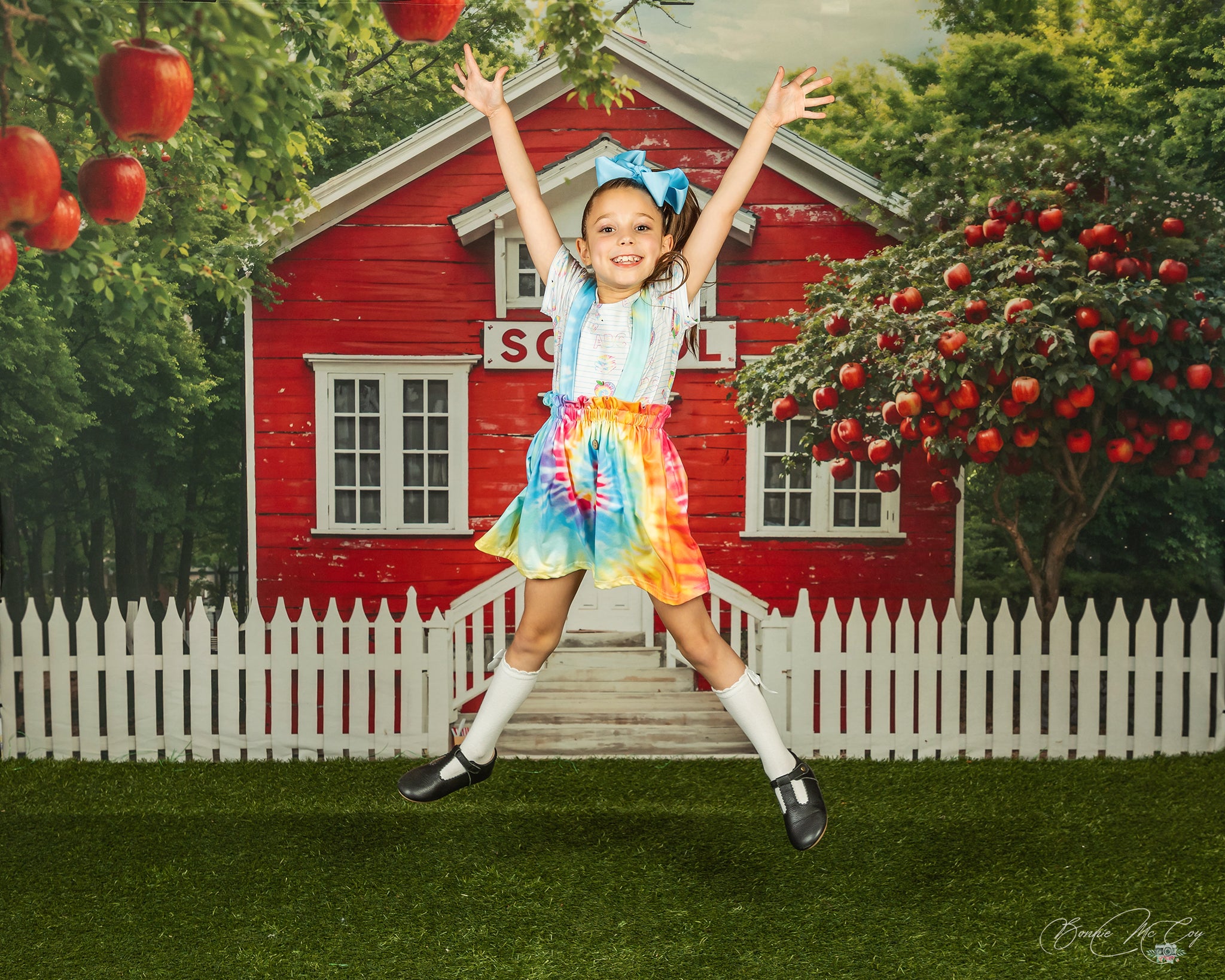 Kate Back to School Red House Apple Tree Fence Backdrop Designed by Chain Photography