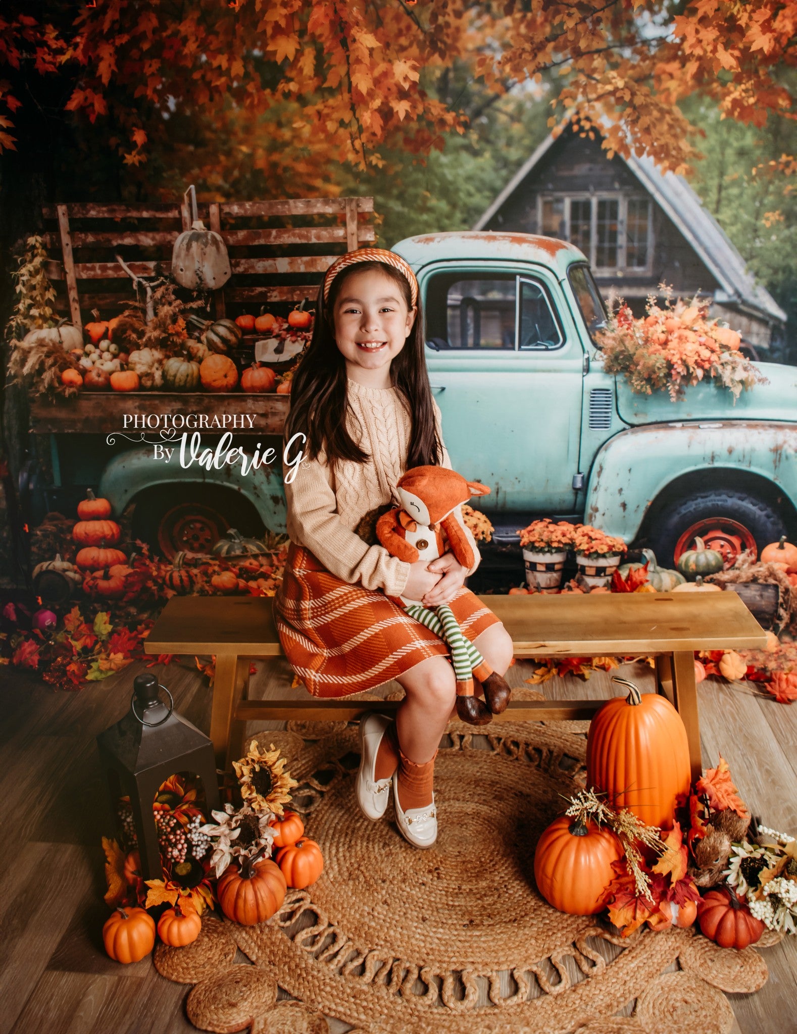 Kate Autumn Truck Golden Leaves Backdrop Designed by Chain Photography