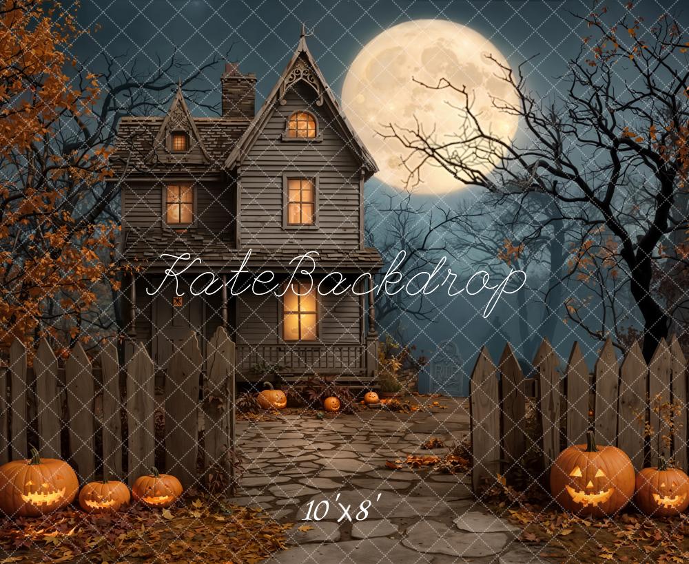 Kate Halloween Haunted House Moon Pumpkin Fleece Backdrop Designed by Emetselch -UK