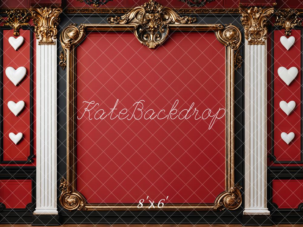Kate Red Ornate Gold Frame Columns Hearts Fleece Backdrop Designed by Emetselch -UK