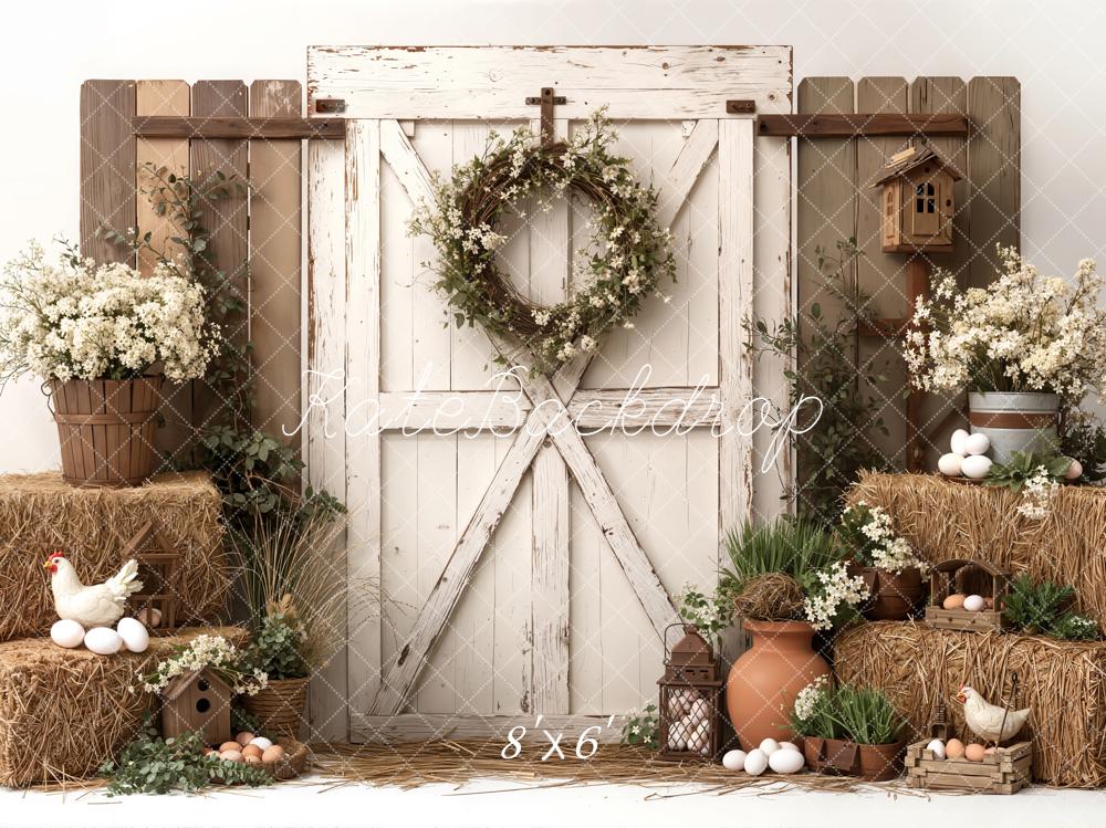Kate Spring Barn Door Hay Chicken Eggs Flowers Fleece Backdrop Designed by Emetselch -UK