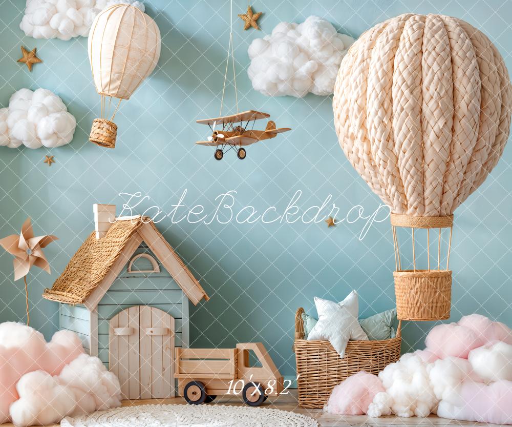 Kate Hot Air Balloon Aeroplane Clouds Fleece Backdrop Designed by Emetselch