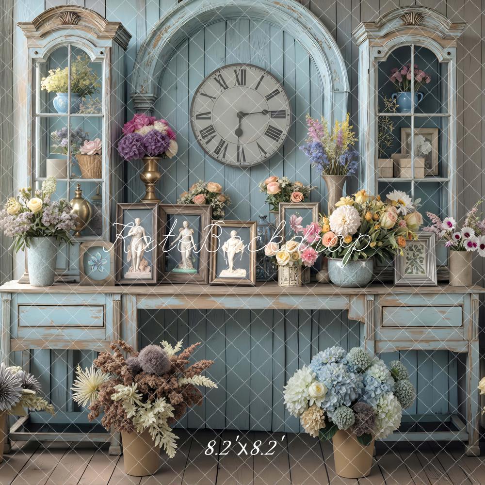 Kate Vintage Cabinet Clock Flowers Blue Backdrop Designed by Mini MakeBelieve -UK