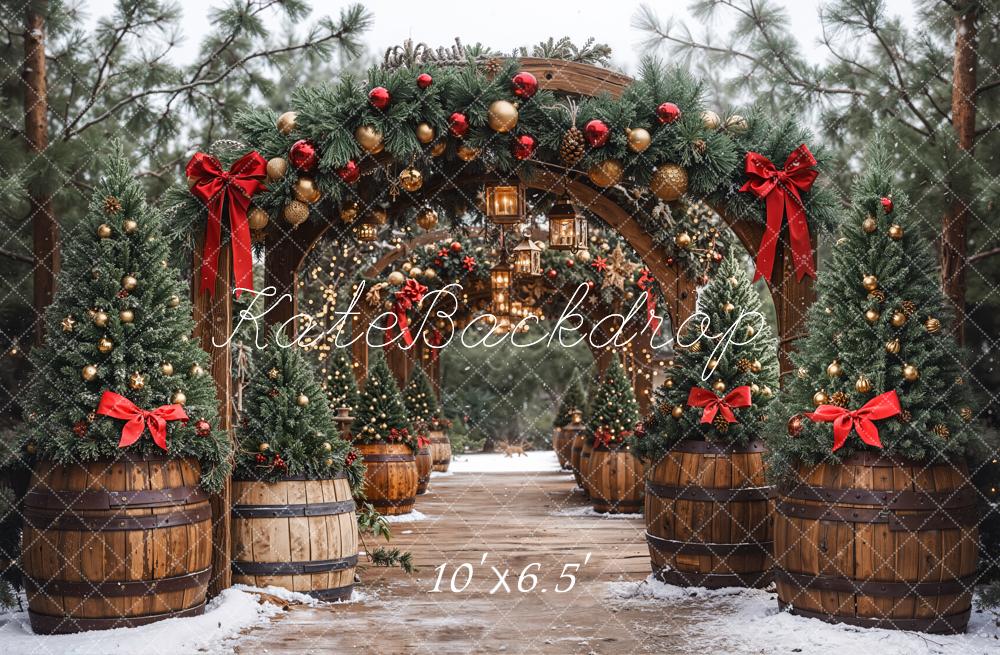 Kate Christmas Archway Lanterns Pine Trees Fleece Backdrop Designed by Emetselch -UK