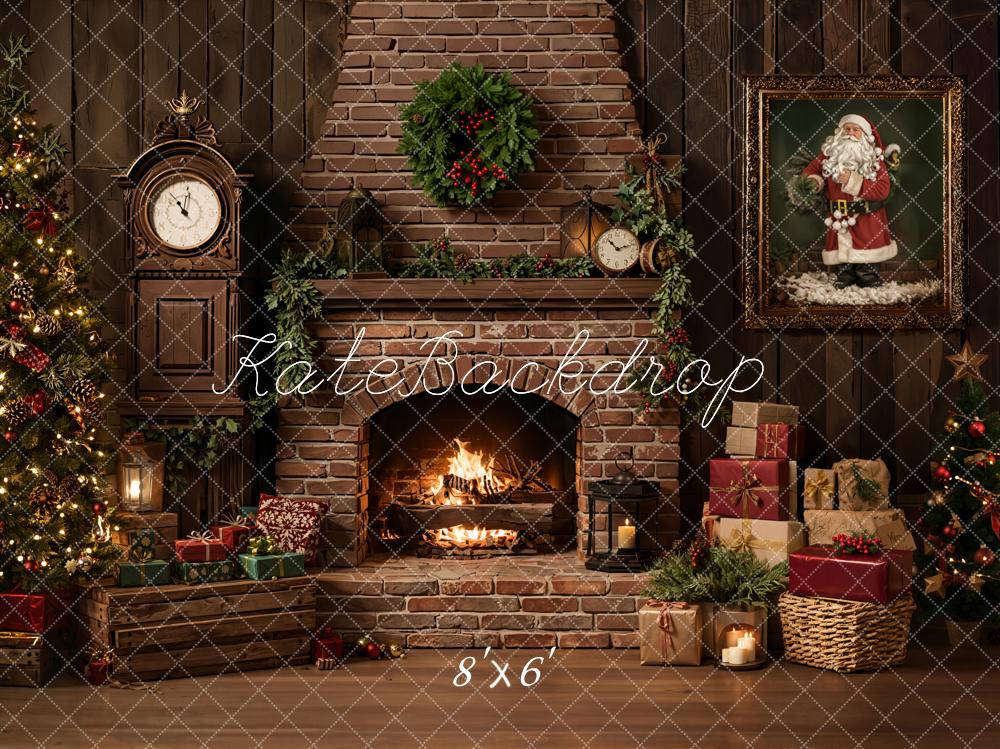 Kate Christmas Fireplace Tree Presents Vintage Fleece Backdrop Designed by Emetselch -UK