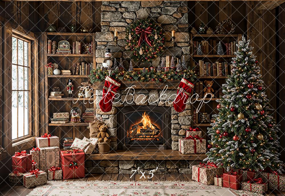 Kate Christmas Fireplace Stone Wall Tree Backdrop Designed by Emetselch