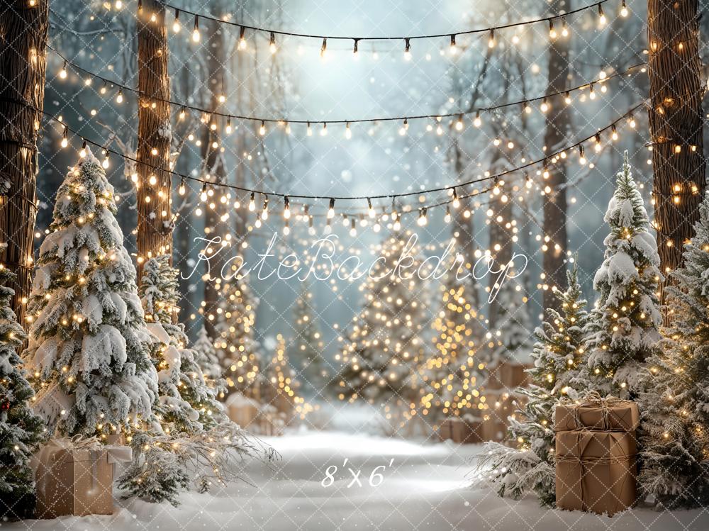 Kate Christmas Snowy Forest Fairy Lights Fleece Backdrop Designed by Emetselch