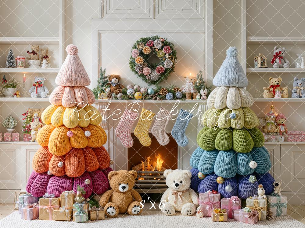 Kate Christmas Knitted Trees Fireplace Fleece Backdrop Designed by Emetselch