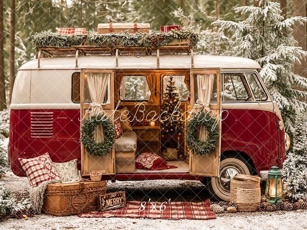 Kate Christmas Campervan Forest Pinecones Fleece Backdrop Designed by Emetselch