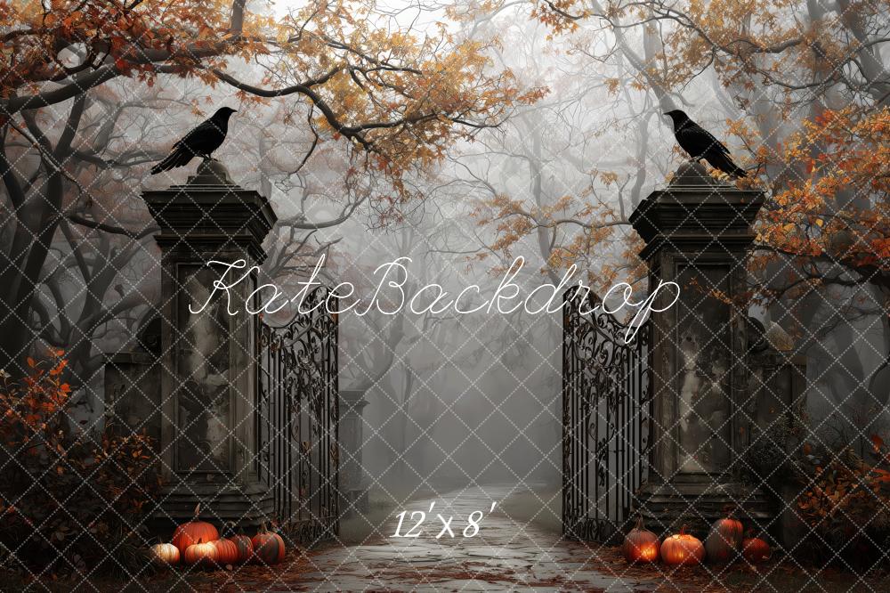 Kate Halloween Gate Ravens Pumpkins Autumn Backdrop Designed by Patty Robert