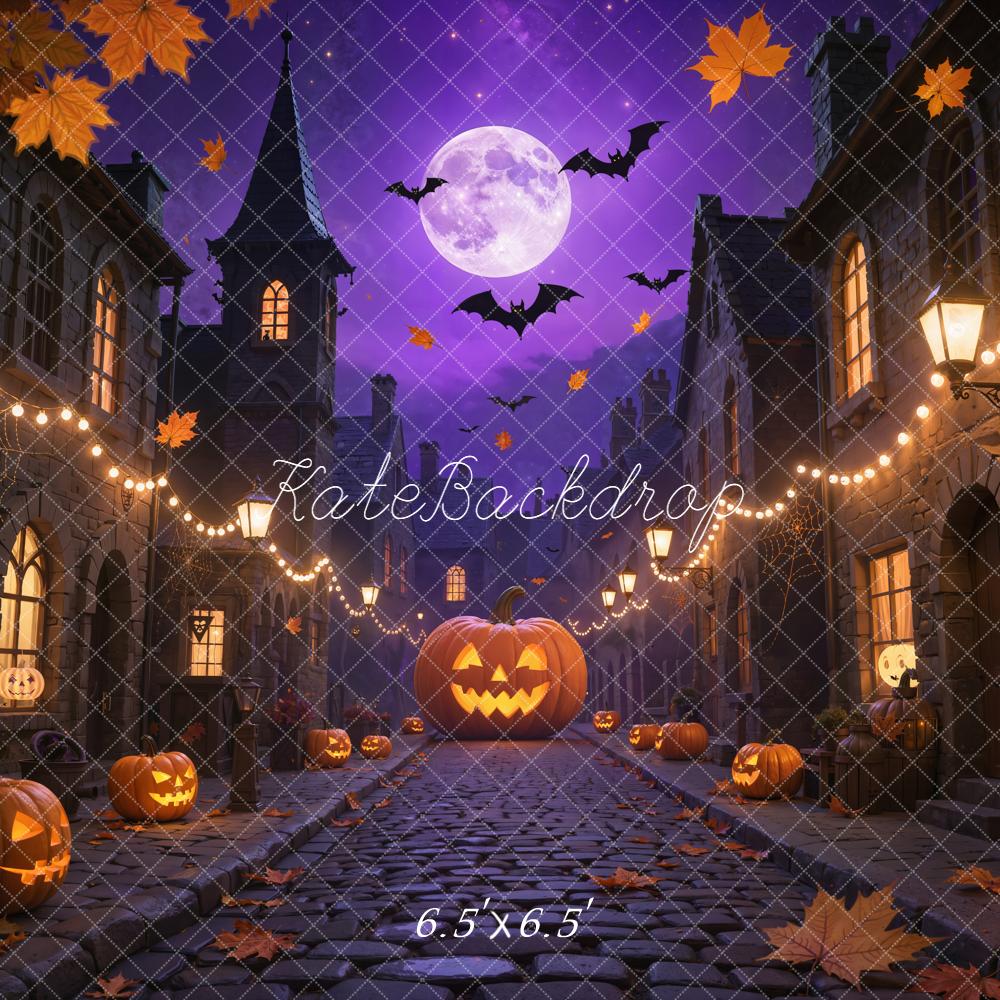 Kate Halloween Pumpkin Cobblestone Street Purple Backdrop Designed by Emetselch -UK