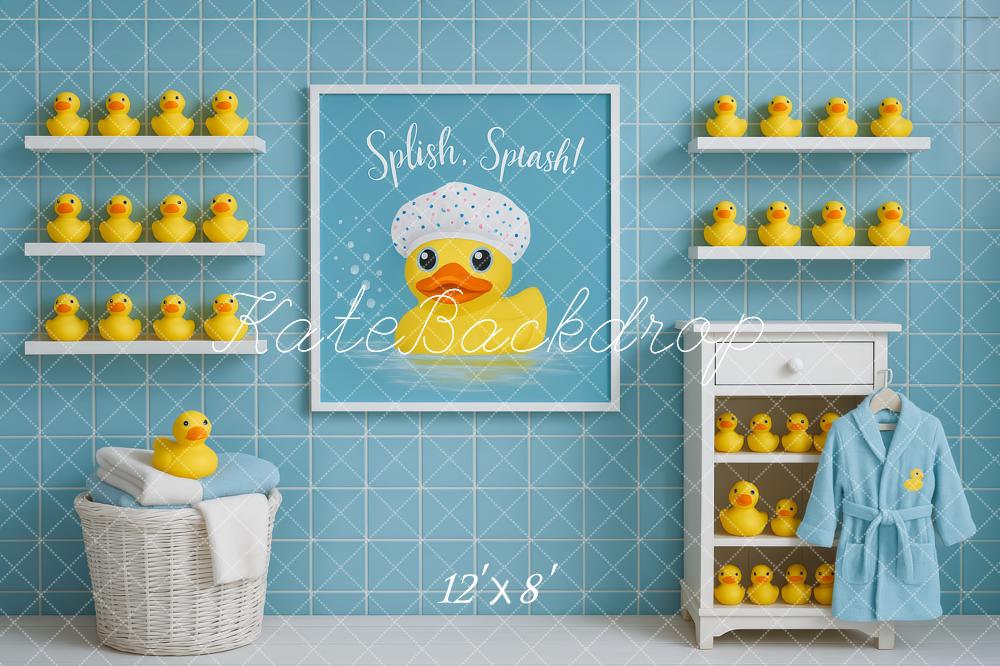 Kate Duck Bathrobe Blue Tiles Backdrop Designed by Patty Robert -UK