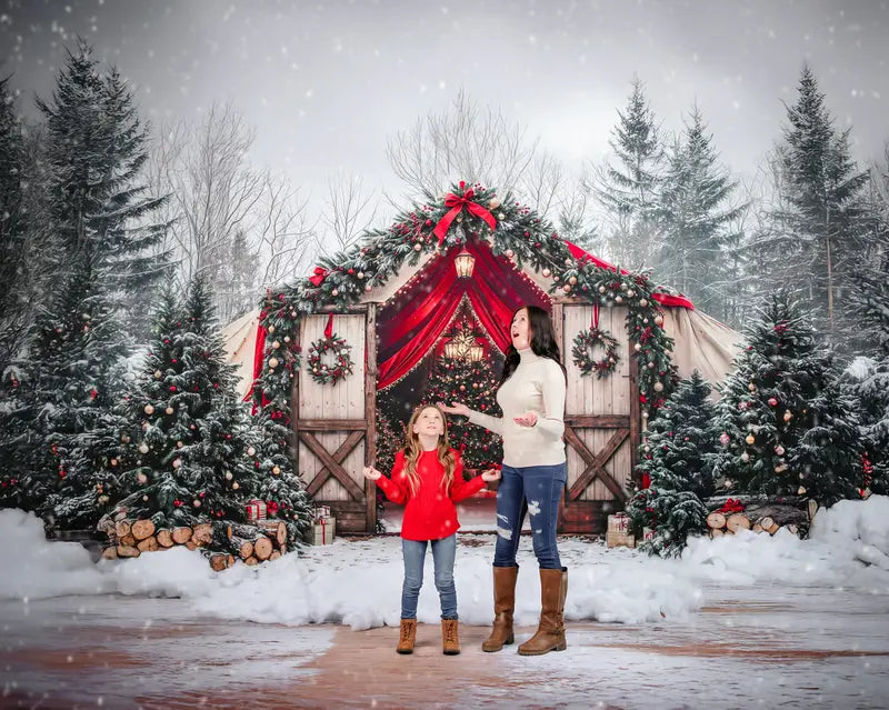 Kate Christmas Tree Barn Bow Snow Forest Backdrop Designed by Emetselch
