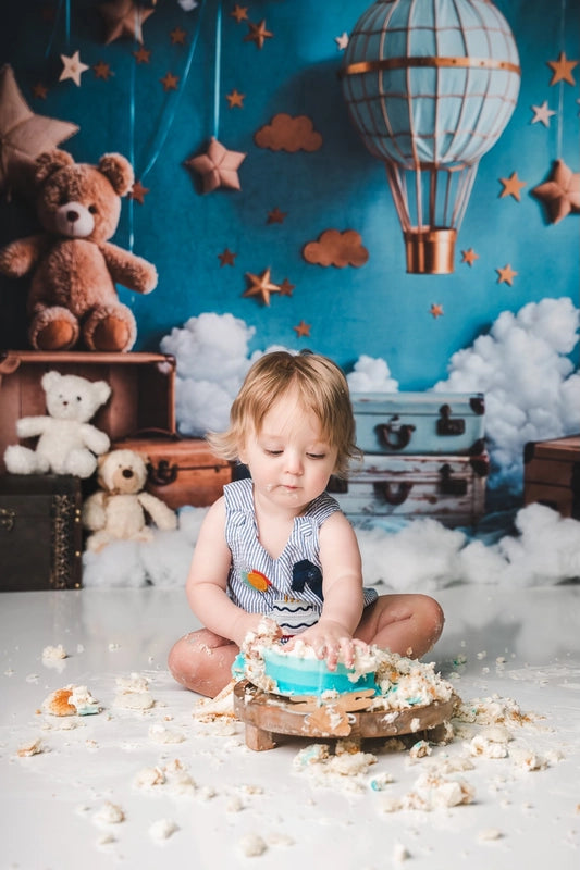 Kate Cartoon Hot Air Balloon Teddy Bear Blue Backdrop Designed by Emetselch -UK