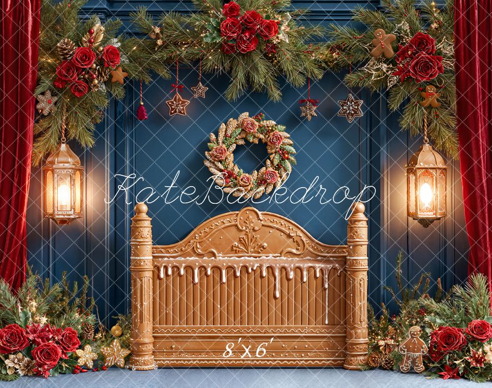 Kate Christmas Gingerbread Headboard Lanterns Fleece Backdrop Designed by Emetselch