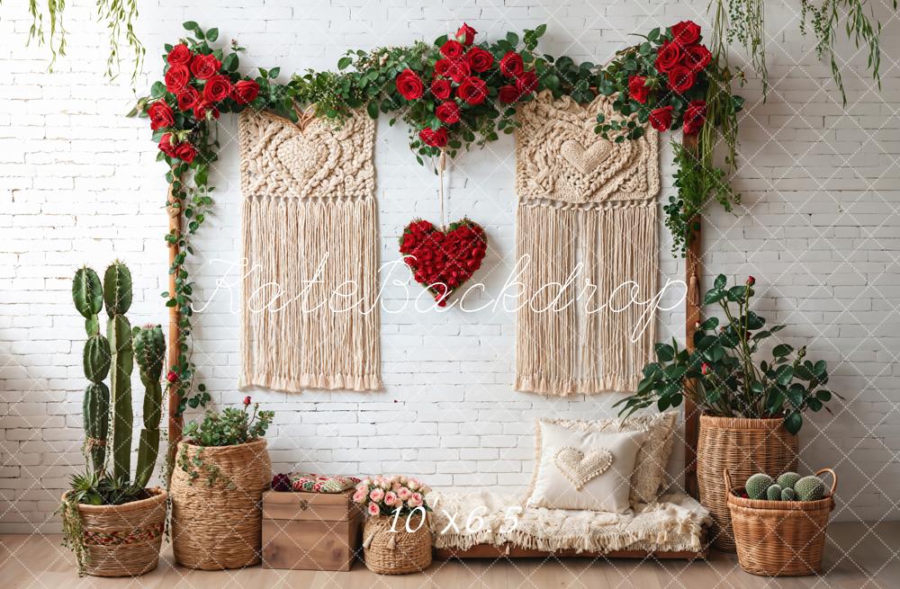 Kate Boho Macrame Red Roses White Brick Backdrop Designed by Emetselch -UK