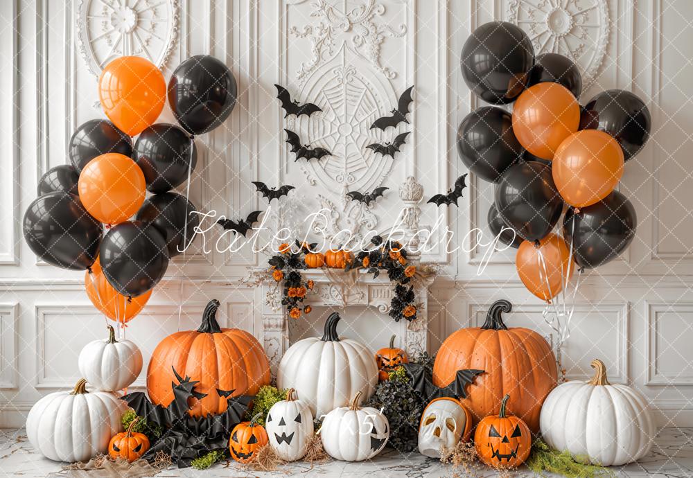 Kate Halloween Pumpkins Balloons Bats Backdrop Designed by Emetselch -UK