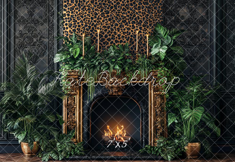 Kate Leopard Fireplace Greenery Backdrop Designed by Ashley Paul