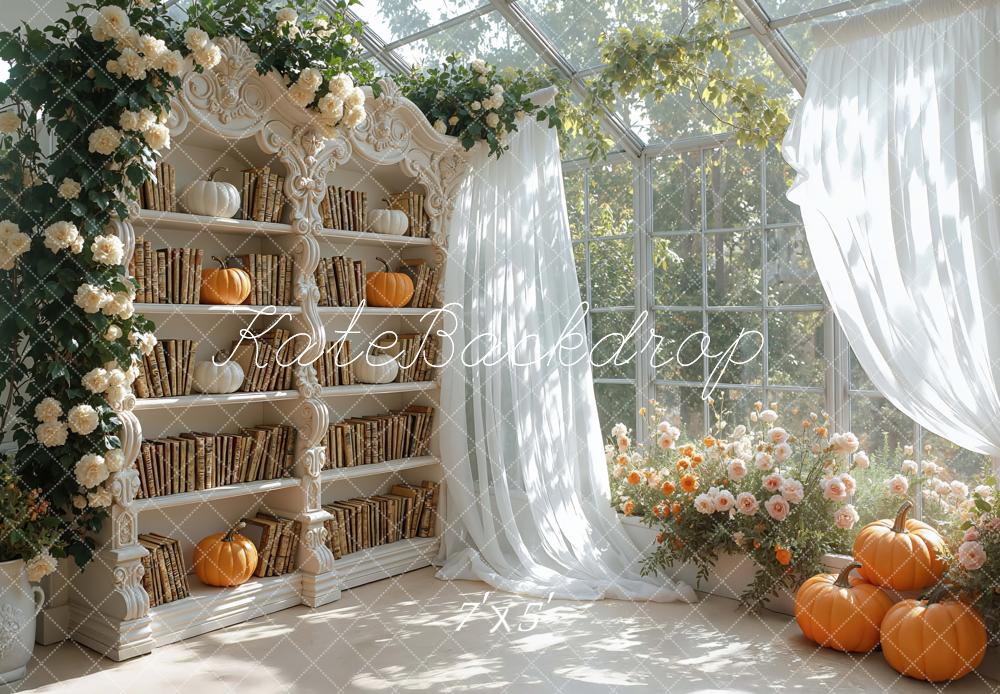 Kate Autumn Bookshelf Pumpkins Flowers Backdrop Designed by Mini MakeBelieve -UK