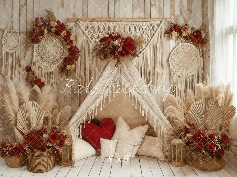 Kate Boho Macrame Pampas Grass Red Floral Backdrop Designed by Emetselch -UK