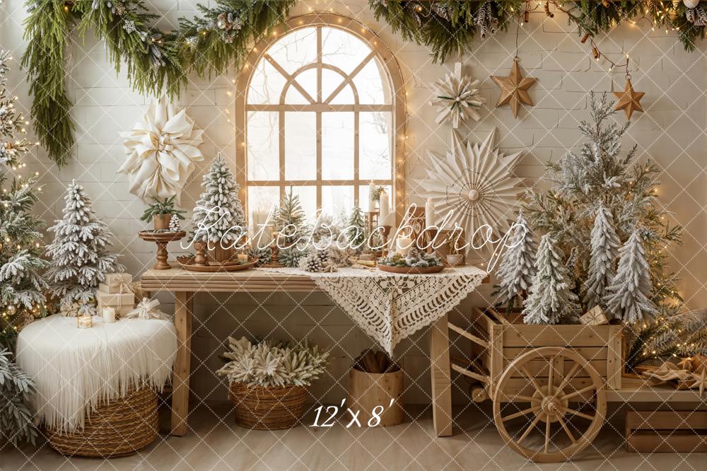 On Sale Kate Christmas Snowy Trees Wooden Cart Window Backdrop Designed by Emetselch