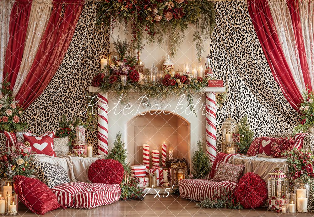 Kate Christmas Fireplace Red Leopard Curtains Backdrop Designed by Emetselch
