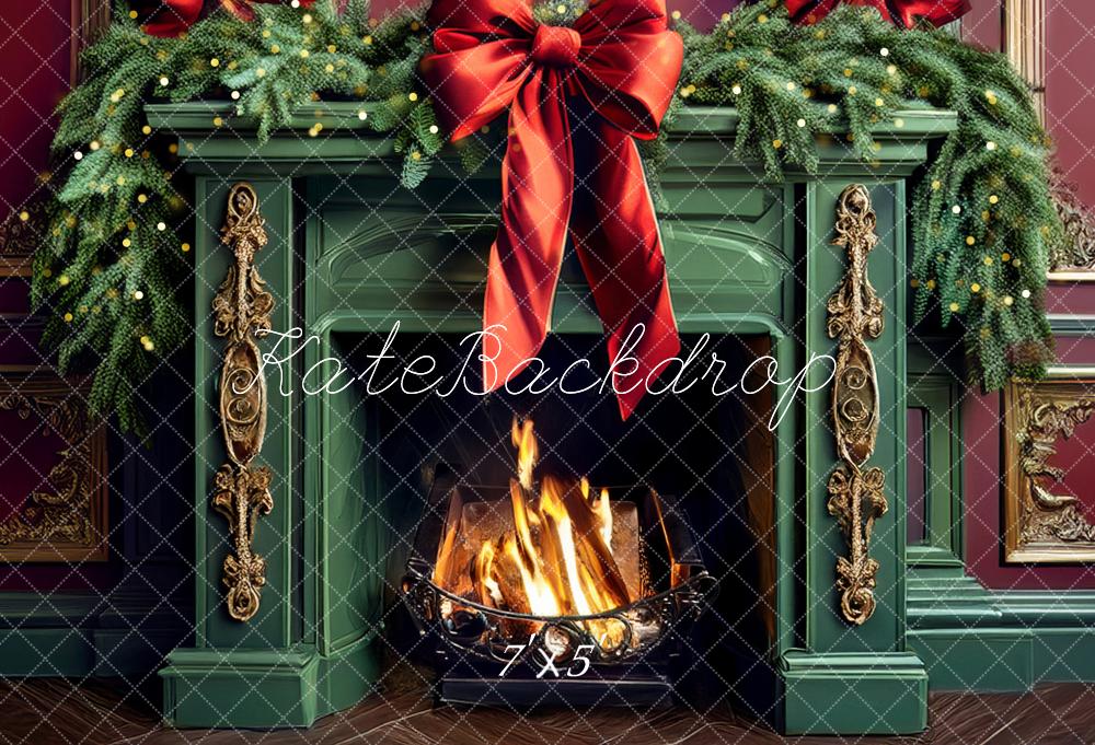 Kate Christmas Green Fireplace Bow Backdrop Designed by Mandy Ringe Photography -UK