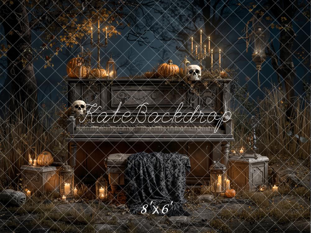 Kate Halloween Piano Pumpkins Candles Forest Fleece Backdrop Designed by Emetselch