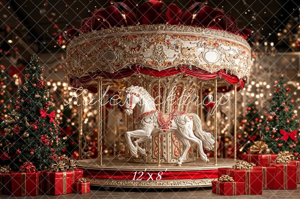 Kate Carousel Christmas Tree Red Gifts Backdrop Designed by Emetselch