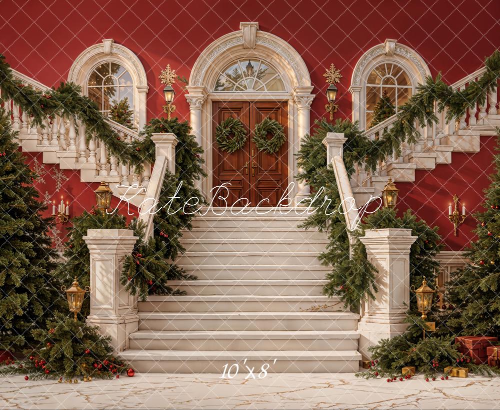 Kate Christmas Cascading Stairs Garland Red Fleece Backdrop Designed by Emetselch -UK