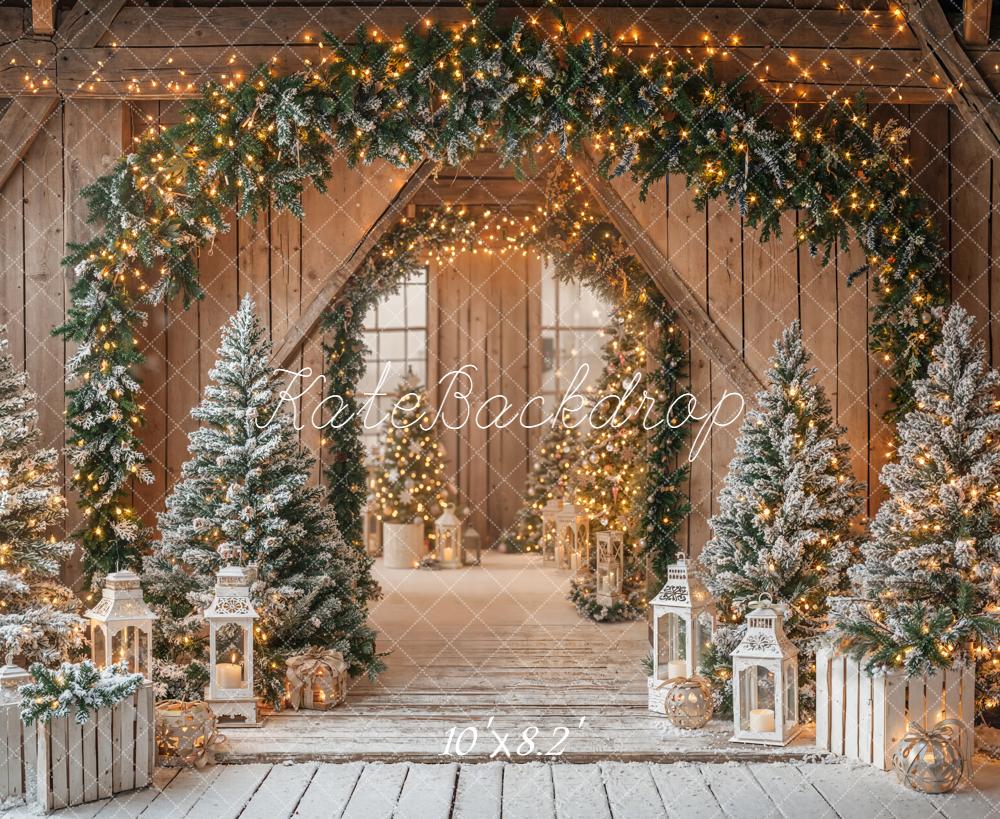 Kate Christmas Garland Trees Lanterns Wooden Backdrop Designed by Emetselch