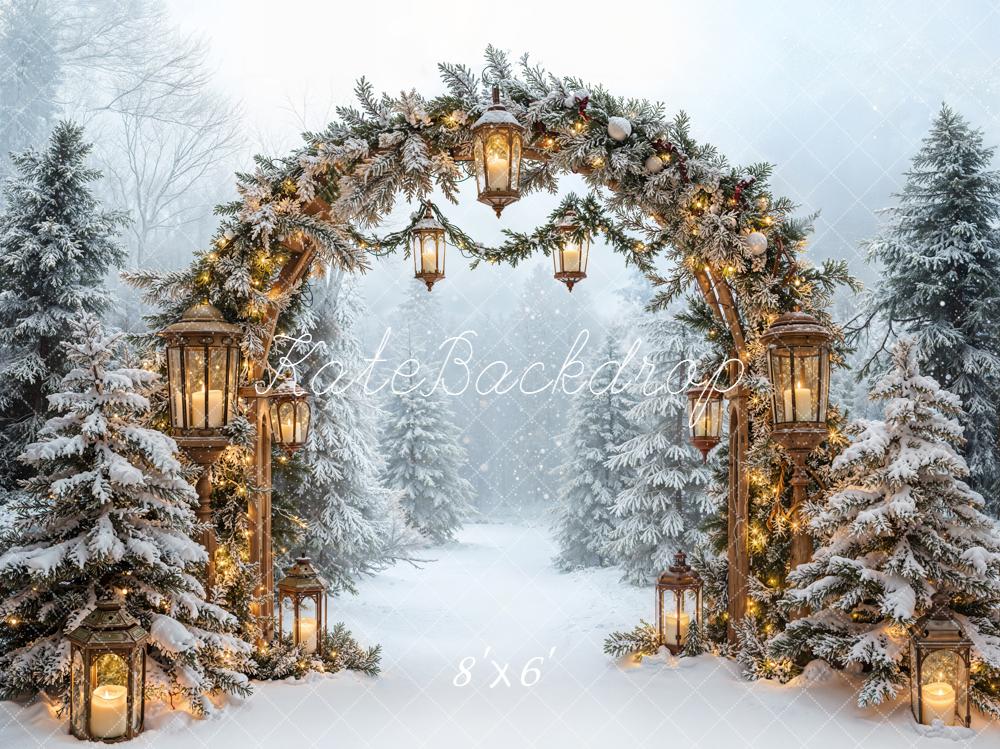Kate Christmas Snowy Arch Lanterns Forest Fleece Backdrop Designed by Emetselch